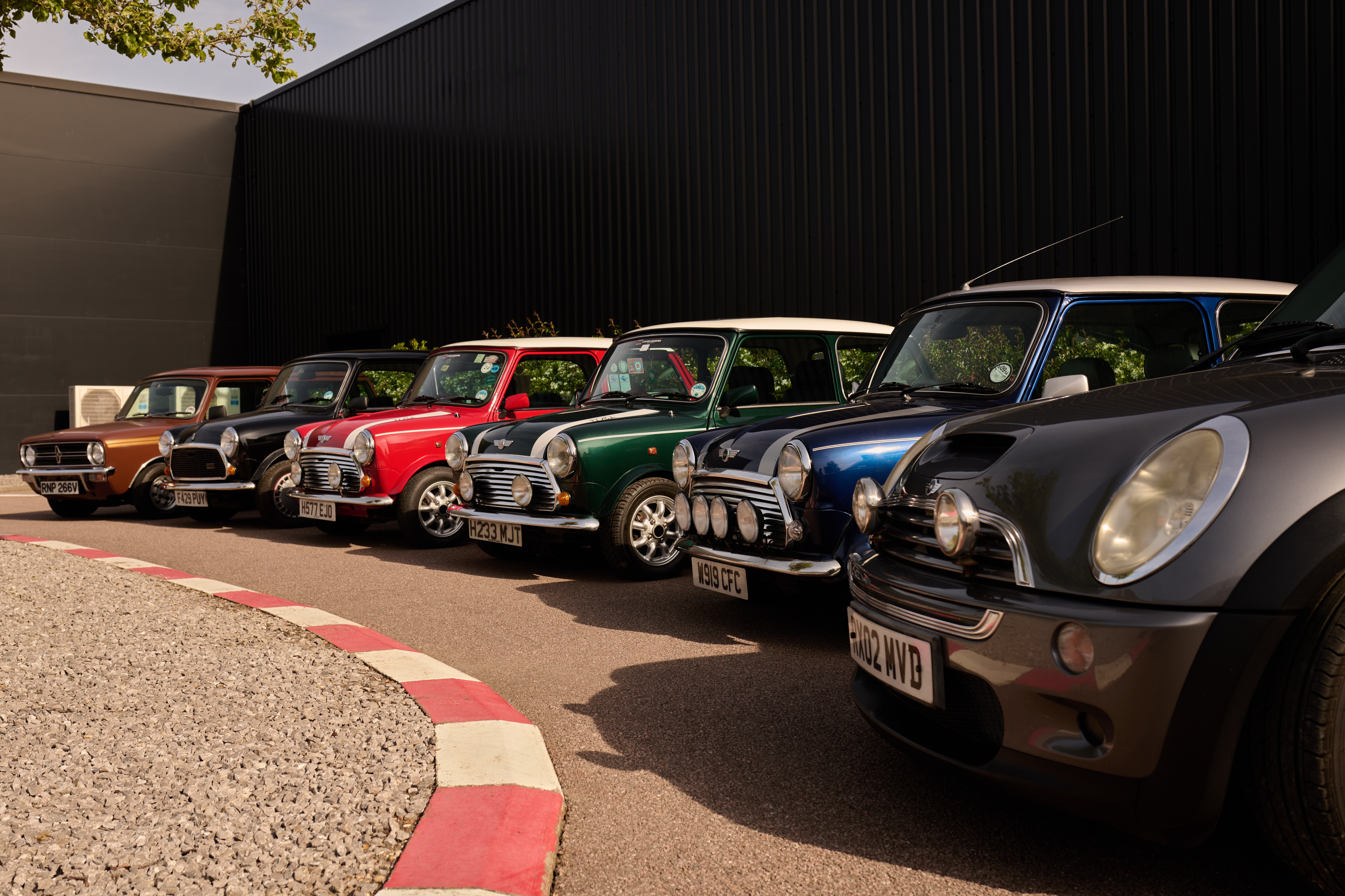 A group of colorful Mini Coopers parked in rows outside a large black building under a partly cloudy sky, with people mingling around the cars.